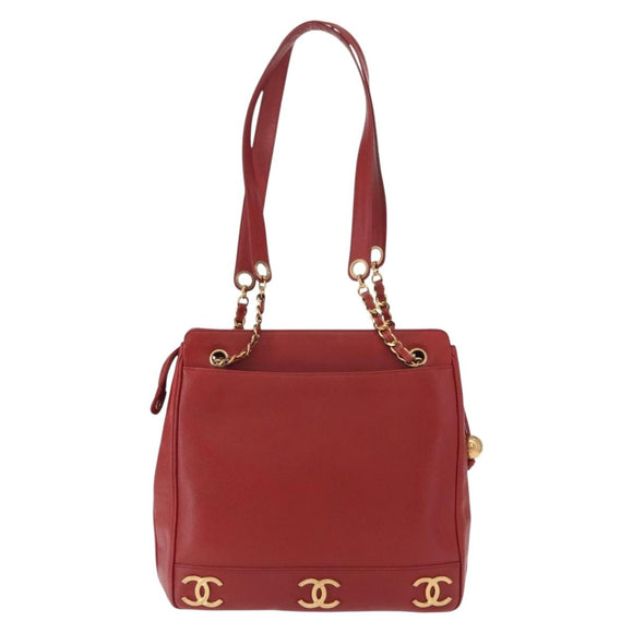 CHANEL Tote Bag Caviar Skin Red Gold CC Auth BA8976