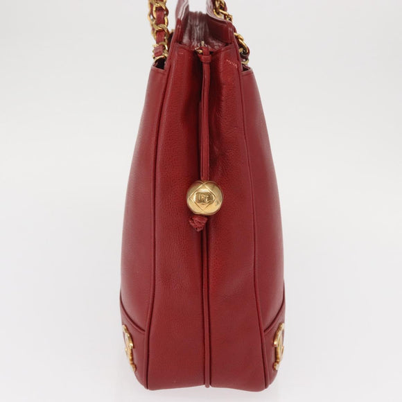 CHANEL Tote Bag Caviar Skin Red Gold CC Auth BA8976