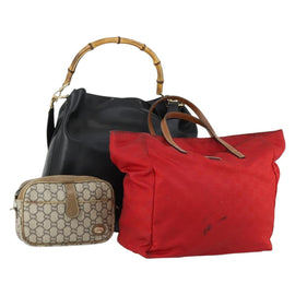 GUCCI GG Plus Supreme Bag PVC Leather Nylon 3 Set Beige Red black Auth BA8987