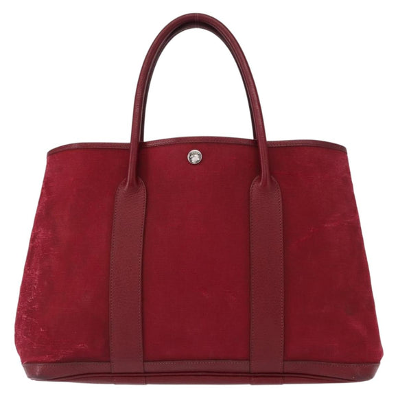 HERMES Garden Party MM Hand Bag Canvas Leather Red Auth BA8990