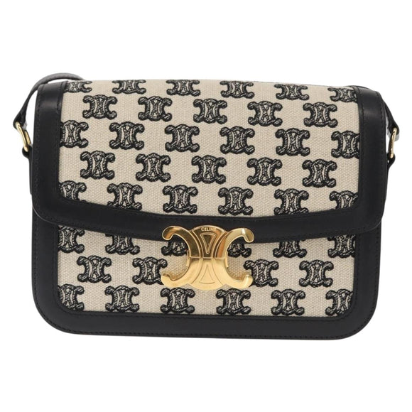 CELINE Teen Triomphe Shoulder Bag Leather Canvas Black White Auth BA8997M