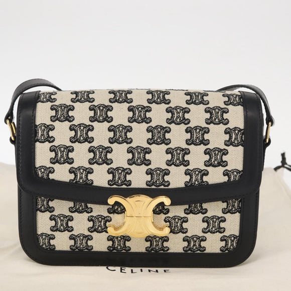 CELINE Teen Triomphe Shoulder Bag Leather Canvas Black White Auth BA8997M
