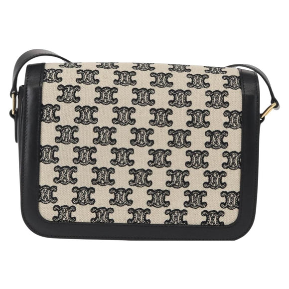 CELINE Teen Triomphe Shoulder Bag Leather Canvas Black White Auth BA8997M