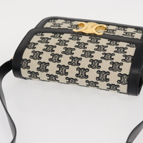 CELINE Teen Triomphe Shoulder Bag Leather Canvas Black White Auth BA8997M