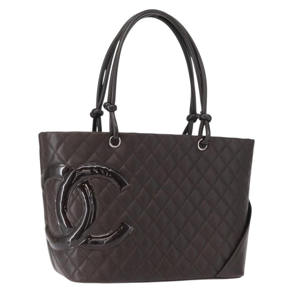 CHANEL Cambon Line Matelasse Bag Lamb Skin Dark Brown Silver CC Auth BA9000SAM