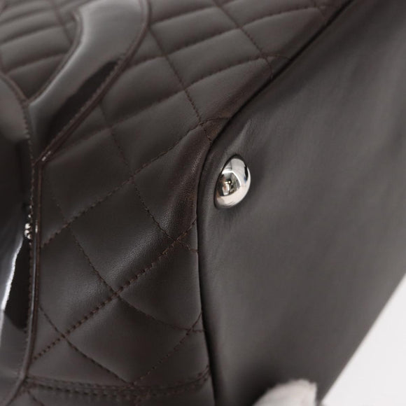CHANEL Cambon Line Matelasse Bag Lamb Skin Dark Brown Silver CC Auth BA9000SAM