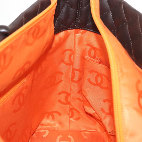 CHANEL Cambon Line Matelasse Bag Lamb Skin Dark Brown Silver CC Auth BA9000SAM