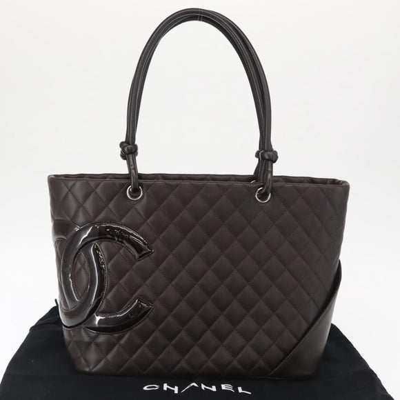 CHANEL Cambon Line Matelasse Bag Lamb Skin Dark Brown Silver CC Auth BA9000SAM