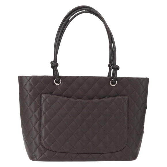 CHANEL Cambon Line Matelasse Bag Lamb Skin Dark Brown Silver CC Auth BA9000SAM