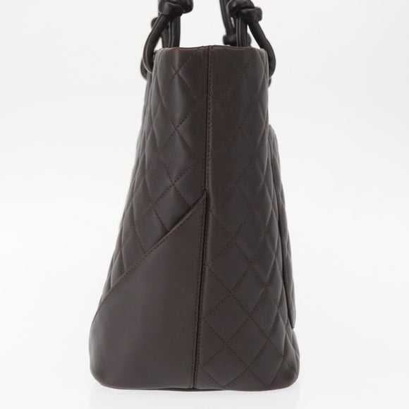 CHANEL Cambon Line Matelasse Bag Lamb Skin Dark Brown Silver CC Auth BA9000SAM