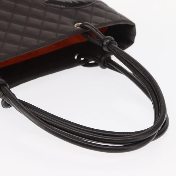 CHANEL Cambon Line Matelasse Bag Lamb Skin Dark Brown Silver CC Auth BA9000SAM