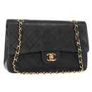 CHANEL Matelasse 25 Double Flap Chain Bag Lamb Skin Black Gold CC Auth BA9001SAM-1
