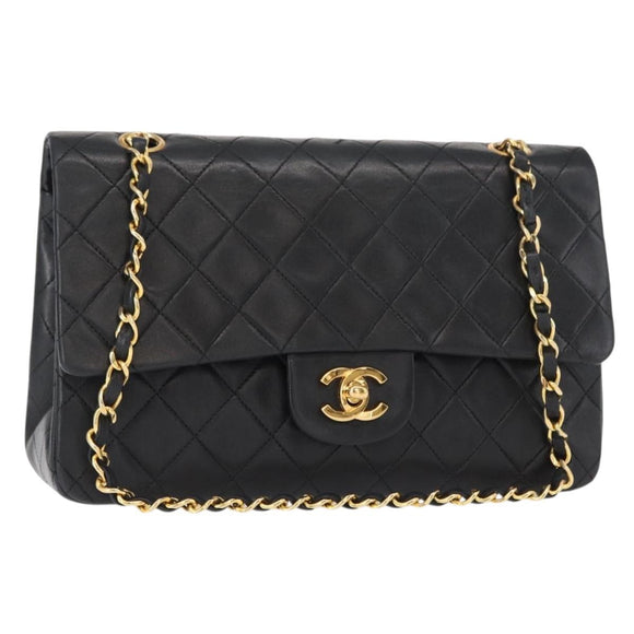 CHANEL Matelasse 25 Double Flap Chain Bag Lamb Skin Black Gold CC Auth BA9001SAM