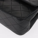 CHANEL Matelasse 25 Double Flap Chain Bag Lamb Skin Black Gold CC Auth BA9001SAM-16