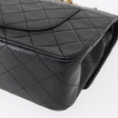 CHANEL Matelasse 25 Double Flap Chain Bag Lamb Skin Black Gold CC Auth BA9001SAM-18
