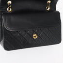 CHANEL Matelasse 25 Double Flap Chain Bag Lamb Skin Black Gold CC Auth BA9001SAM-21