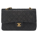 CHANEL Matelasse 25 Double Flap Chain Bag Lamb Skin Black Gold CC Auth BA9001SAM-14