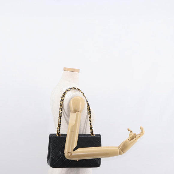 CHANEL Matelasse 25 Double Flap Chain Bag Lamb Skin Black Gold CC Auth BA9001SAM