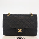 CHANEL Matelasse 25 Double Flap Chain Bag Lamb Skin Black Gold CC Auth BA9001SAM-13