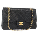 CHANEL Matelasse 25 Double Flap Chain Bag Lamb Skin Black Gold CC Auth BA9002SAV-1