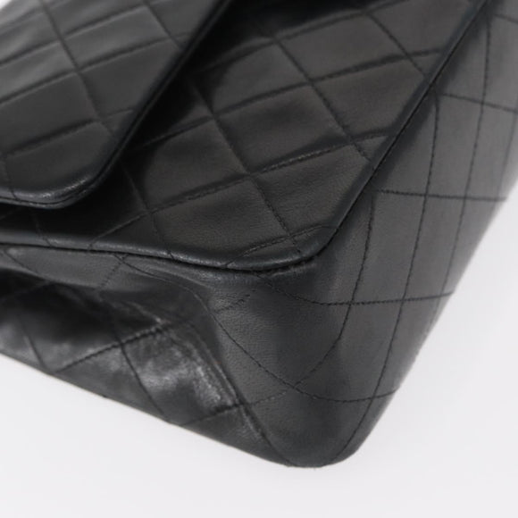 CHANEL Matelasse 25 Double Flap Chain Bag Lamb Skin Black Gold CC Auth BA9002SAV