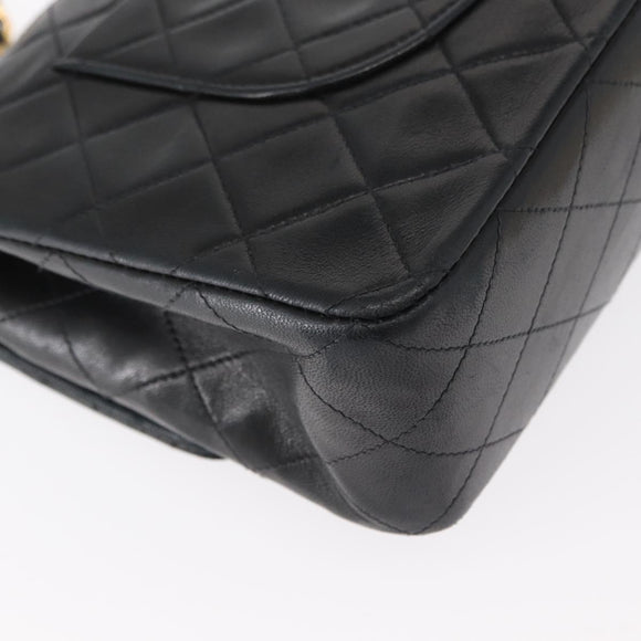 CHANEL Matelasse 25 Double Flap Chain Bag Lamb Skin Black Gold CC Auth BA9002SAV