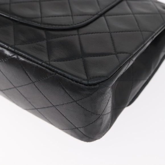 CHANEL Matelasse 25 Double Flap Chain Bag Lamb Skin Black Gold CC Auth BA9002SAV