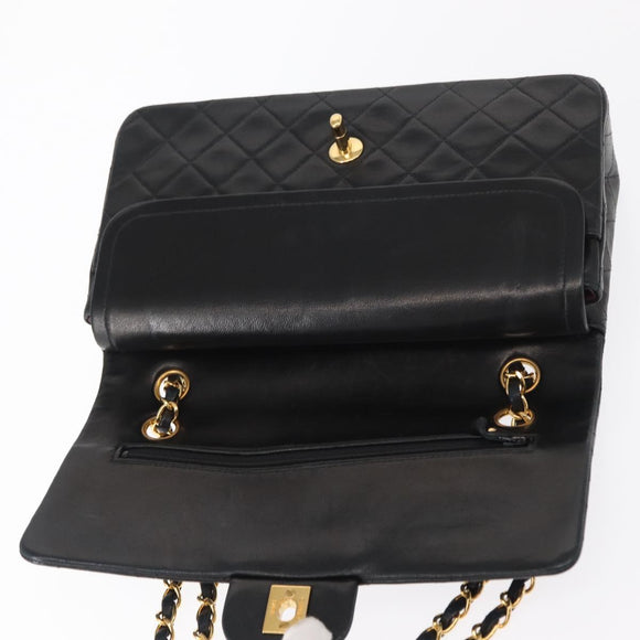 CHANEL Matelasse 25 Double Flap Chain Bag Lamb Skin Black Gold CC Auth BA9002SAV