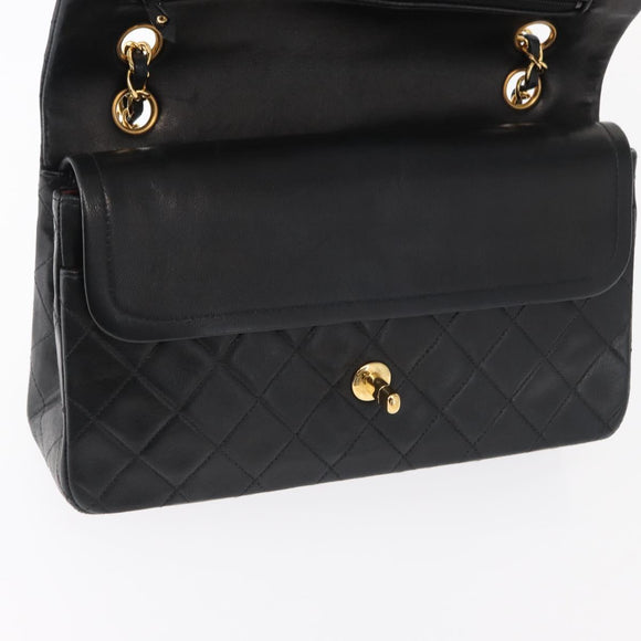 CHANEL Matelasse 25 Double Flap Chain Bag Lamb Skin Black Gold CC Auth BA9002SAV