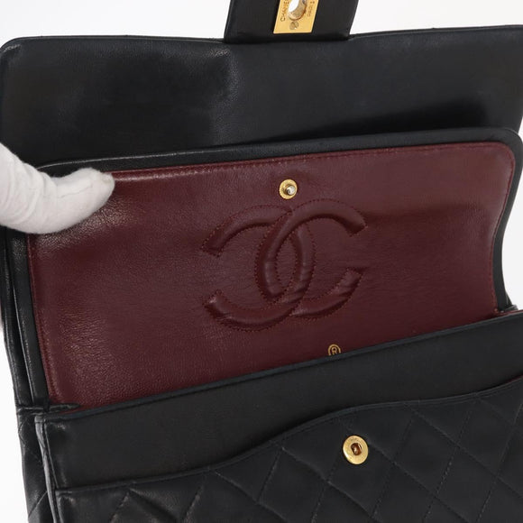 CHANEL Matelasse 25 Double Flap Chain Bag Lamb Skin Black Gold CC Auth BA9002SAV