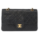 CHANEL Matelasse 25 Double Flap Chain Bag Lamb Skin Black Gold CC Auth BA9002SAV-2