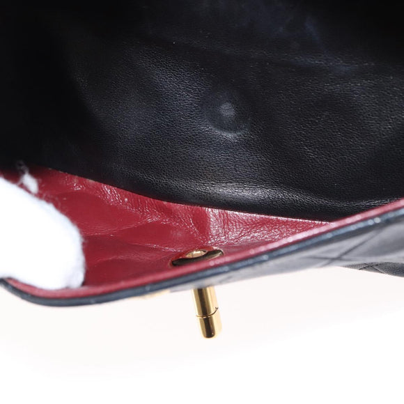 CHANEL Matelasse 25 Double Flap Chain Bag Lamb Skin Black Gold CC Auth BA9002SAV