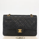 CHANEL Matelasse 25 Double Flap Chain Bag Lamb Skin Black Gold CC Auth BA9002SAV-30