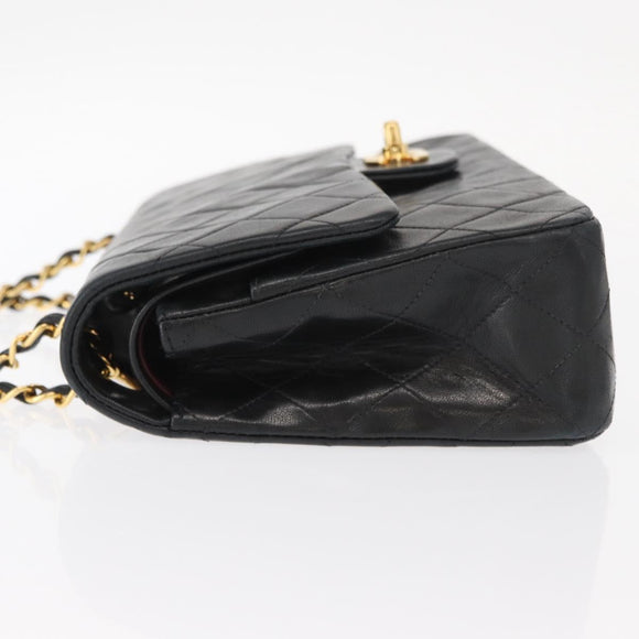 CHANEL Matelasse 25 Double Flap Chain Bag Lamb Skin Black Gold CC Auth BA9002SAV