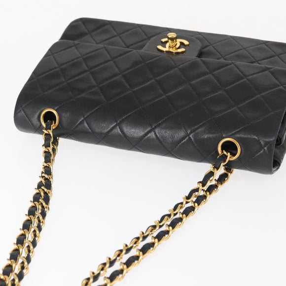 CHANEL Matelasse 25 Double Flap Chain Bag Lamb Skin Black Gold CC Auth BA9002SAV