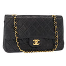 CHANEL Matelasse 25 Double Flap Chain Bag Lamb Skin Black Gold CC Auth BA9003SAV-1