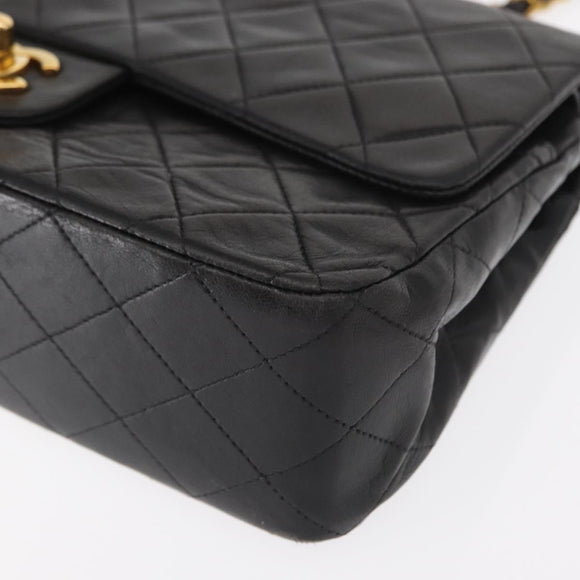 CHANEL Matelasse 25 Double Flap Chain Bag Lamb Skin Black Gold CC Auth BA9003SAV