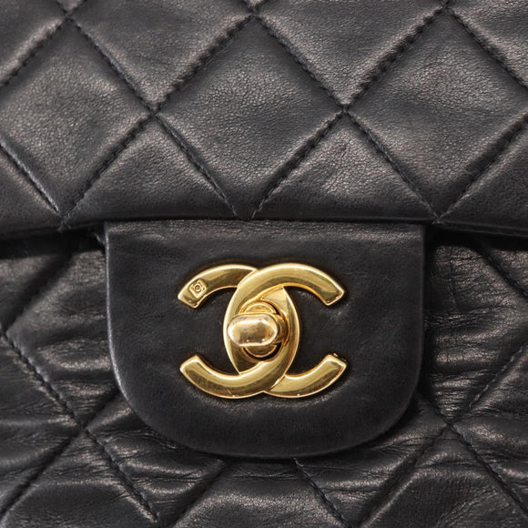CHANEL Matelasse 25 Double Flap Chain Bag Lamb Skin Black Gold CC Auth BA9003SAV
