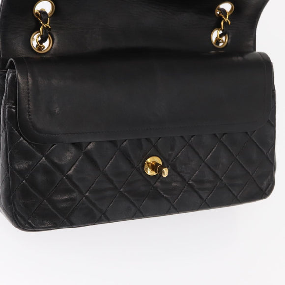 CHANEL Matelasse 25 Double Flap Chain Bag Lamb Skin Black Gold CC Auth BA9003SAV
