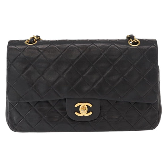 CHANEL Matelasse 25 Double Flap Chain Bag Lamb Skin Black Gold CC Auth BA9003SAV