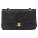 CHANEL Matelasse 25 Double Flap Chain Bag Lamb Skin Black Gold CC Auth BA9003SAV-13