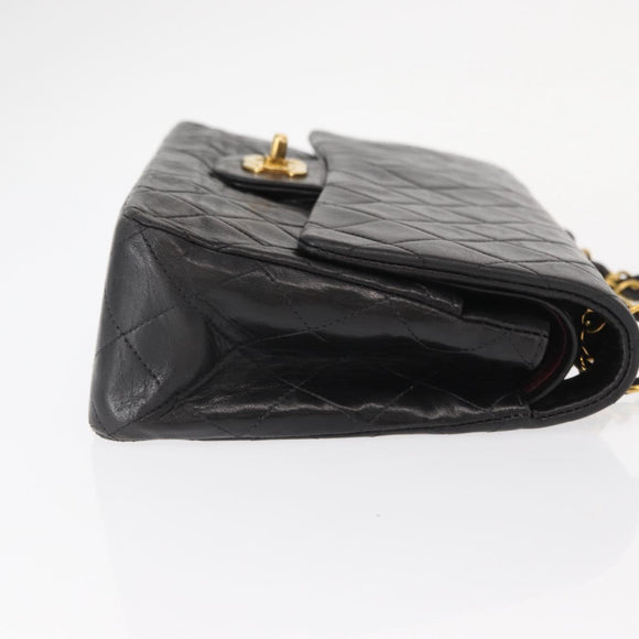 CHANEL Matelasse 25 Double Flap Chain Bag Lamb Skin Black Gold CC Auth BA9003SAV