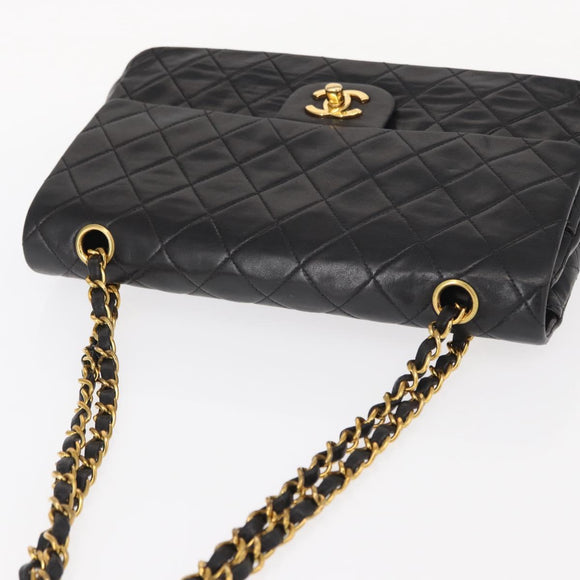CHANEL Matelasse 25 Double Flap Chain Bag Lamb Skin Black Gold CC Auth BA9003SAV