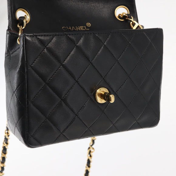 CHANEL Mini Matelasse 17 Chain Bag Lamb Skin Black Gold CC Auth BA9004SAM