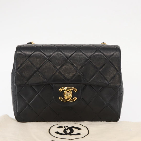 CHANEL Mini Matelasse 17 Chain Bag Lamb Skin Black Gold CC Auth BA9004SAM