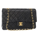 CHANEL Matelasse 25 Double Flap Chain Bag Lamb Skin Black Gold CC Auth BA9005SAM-1