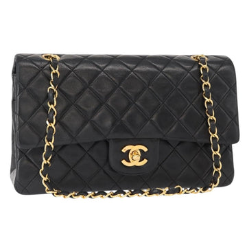 CHANEL Matelasse 25 Double Flap Chain Bag Lamb Skin Black Gold CC Auth BA9005SAM