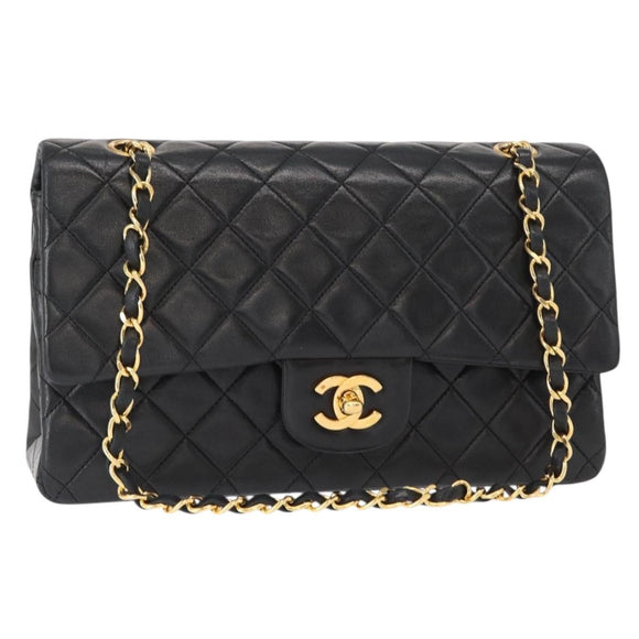 CHANEL Matelasse 25 Double Flap Chain Bag Lamb Skin Black Gold CC Auth BA9005SAM