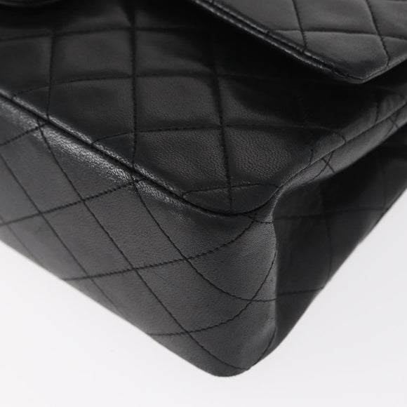 CHANEL Matelasse 25 Double Flap Chain Bag Lamb Skin Black Gold CC Auth BA9005SAM