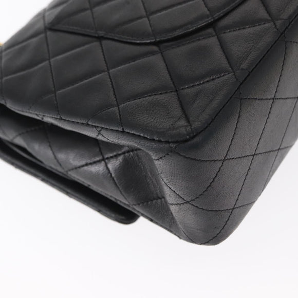 CHANEL Matelasse 25 Double Flap Chain Bag Lamb Skin Black Gold CC Auth BA9005SAM